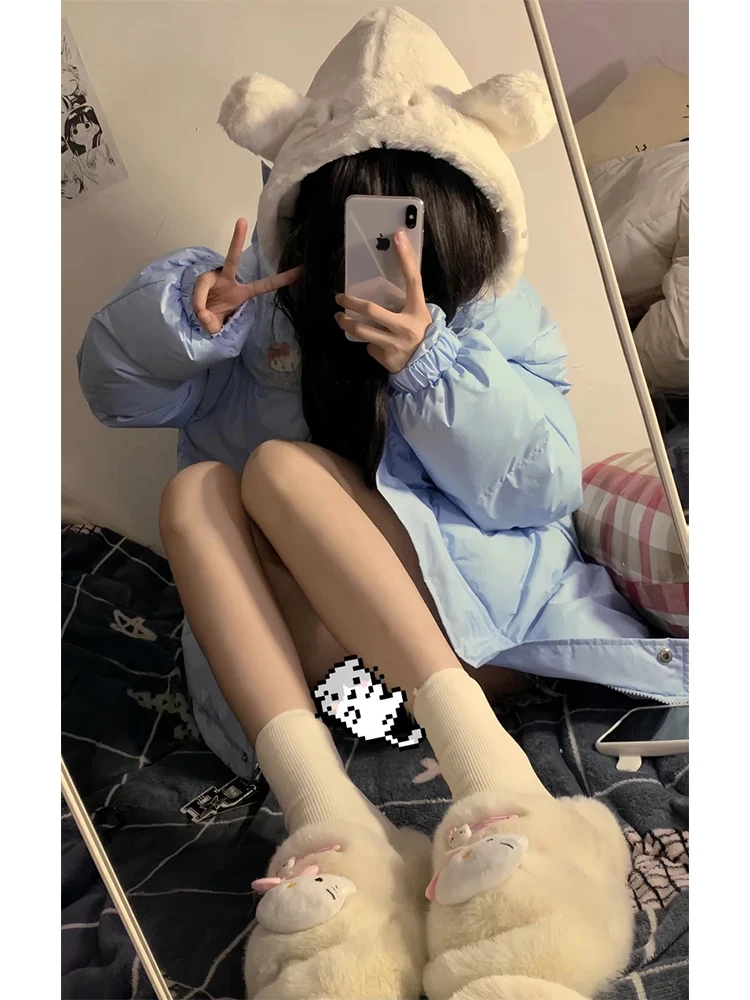 Cute Kit  Plu Hooded Jaet Women's Autumn Winter Thiened Bread Sle Cotton Coat Loose Fit College Sle Zipper Clo...