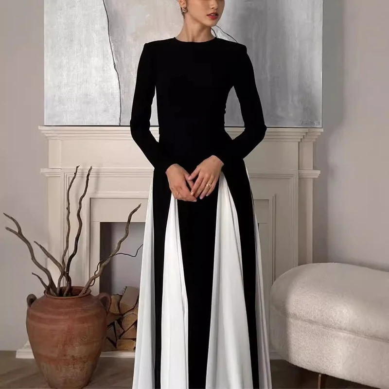 

Women Elegant Contrast Patchwork Maxi Dresses Autumn Fashion Round Neck Long Sleeves Slim Dress 2024 Lady Evening Party Robes