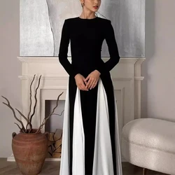 Women Elegant Contrast Patchwork Maxi Dresses Autumn Fashion Round Neck Long Sleeves Slim Dress 2024 Lady Evening Party Robes