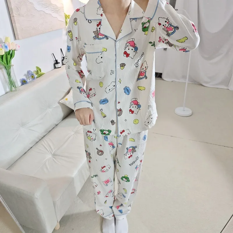 Hello Kitty Pajamas Spring Long Sleeve Set Sanrio Sweet Pajamas Two-piece Set White Hello Kitty Pajamas Loose Loungewear