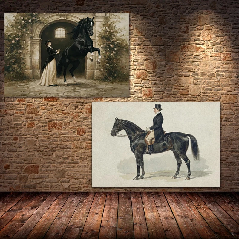 Retro Elegant Lady With Horse Posters Classic Equestrian Farmhouse Modern Prints Canvas Wall Art Pictures Home Living Room Decor
