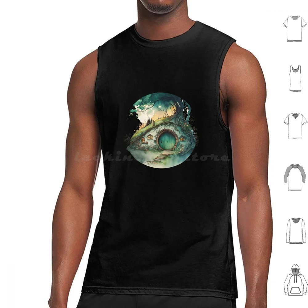 Round Doors In Watercolor And Ink-Black-Halfling Hole-Fantasy Tank Tops Print Cotton The Gandalf Tolkien Mordor