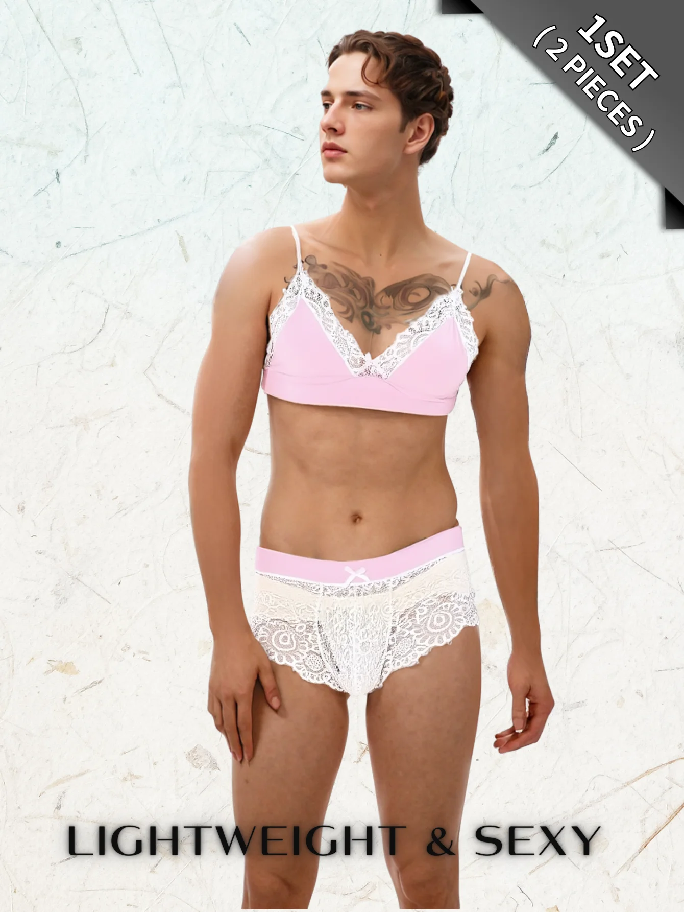 

1 Set of 2 Pieces Men's Underwear: Sexy and Sexy Lace Underwear Set, Front Bow Bra&Lace Underwear,Transparent,Drag Queen