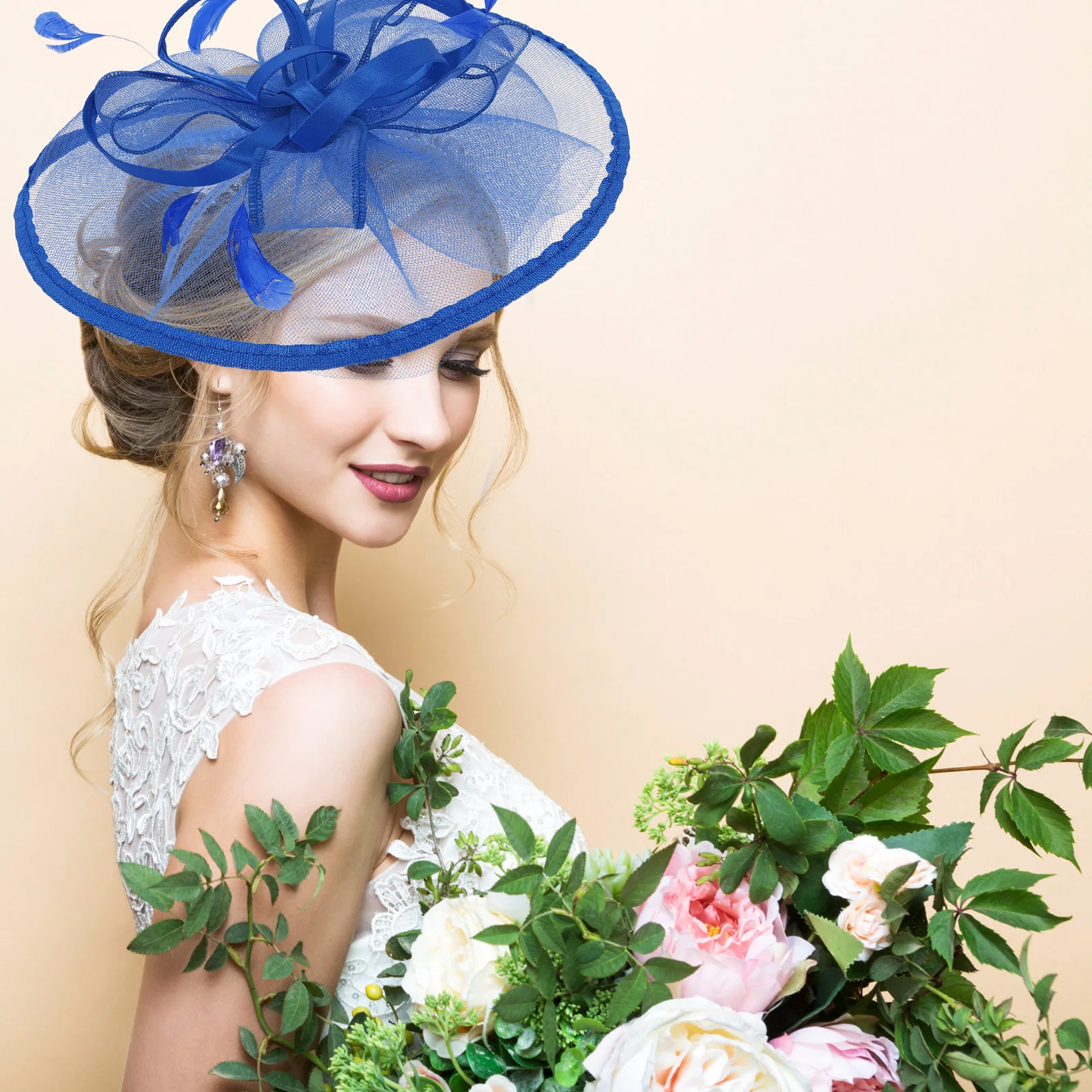 

Blue Mesh Headdress Bridal Headgear Quill Fascinator Hat Women Wedding Hair Decor Veil Vintage Party Accessories