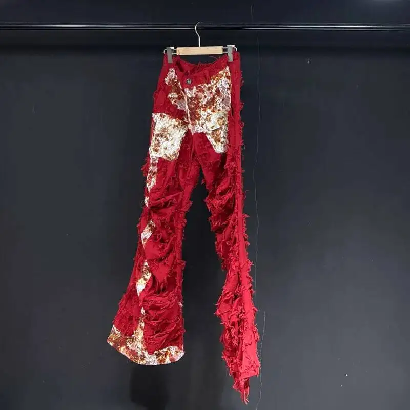 Loose Casual Men Pants High Street Rough Edges Personalized Splicing Design Straight-leg Fashionable Male Trousers ZS36