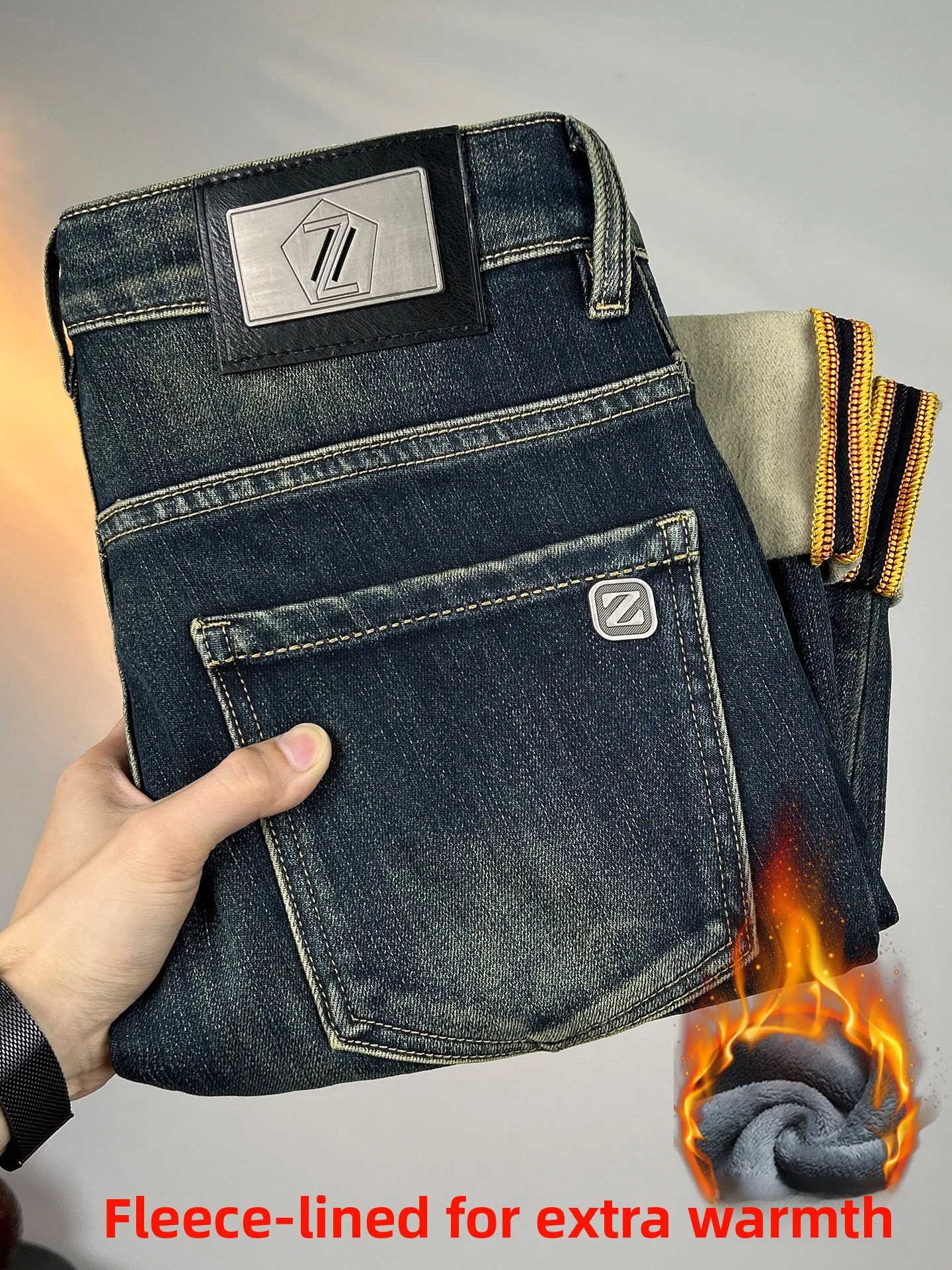 

Мужские джинсы прямого кроя с начесом, модные, универсальные, облегающие, из тонкого хлопкового денима, повседневные брюки для осени и зимы