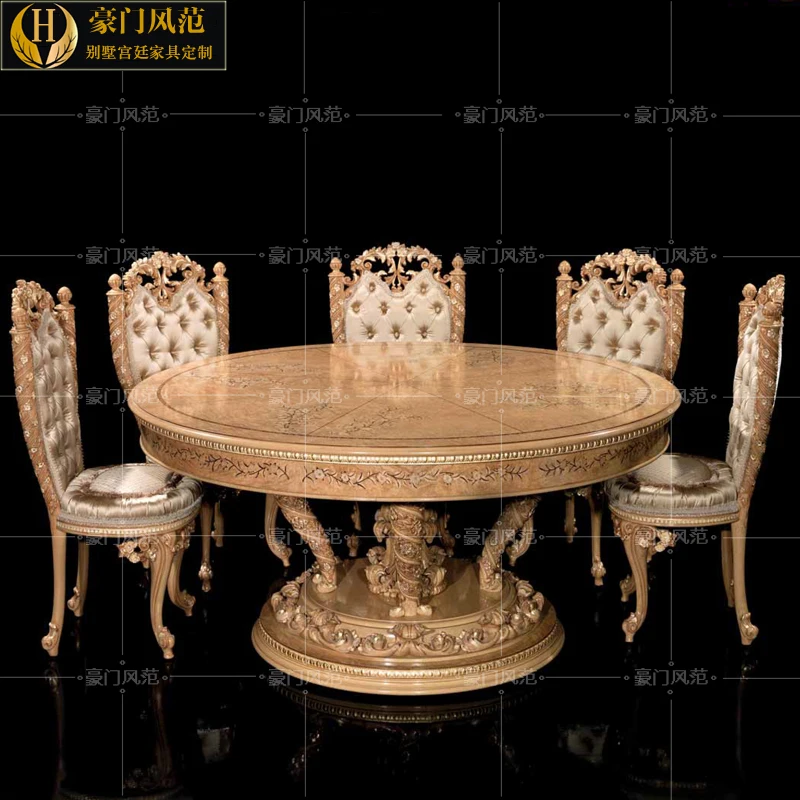 

European-style villa palace luxury solid wood carved round table French style old restaurant round dining table custom-made