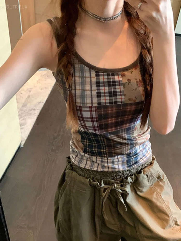 Hit Color Plaid Print Ropa Mujer Summer 2026 New Women's Tanks Y2k Harajuku Tops Spicy Girl Top Fashion Ins O-neck Clothes
