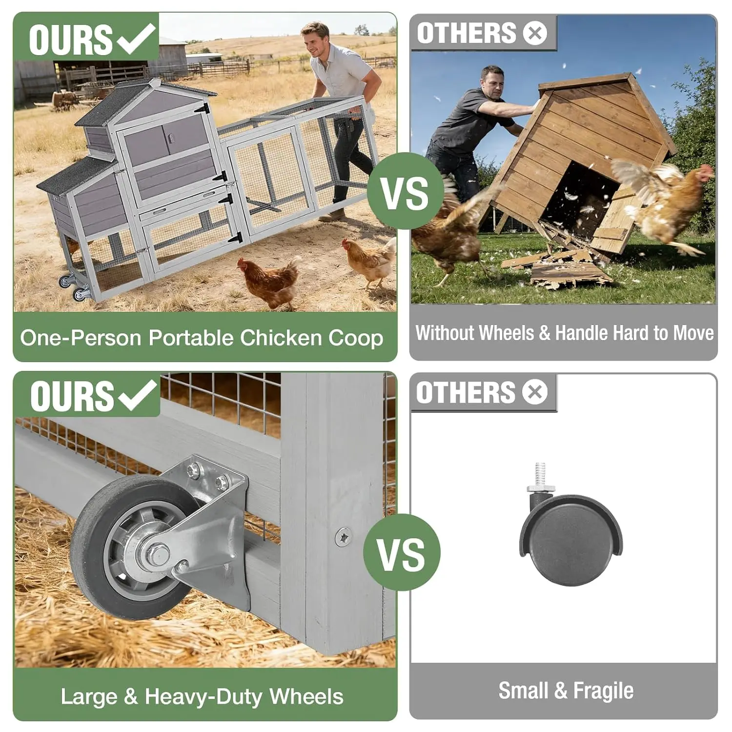 Mobile Chicken Coop with Wheels 4-6 Chickens Large Outdoor Hen House Run Weatherproof Roof Nesting Box Pull-Out Tray, Customized