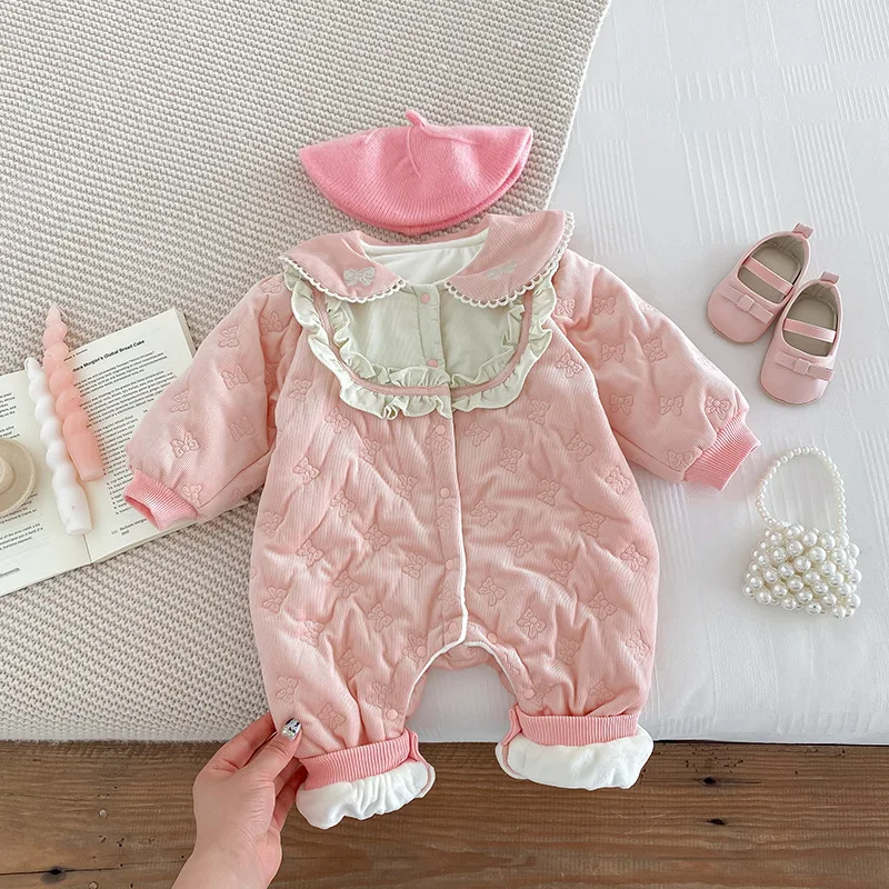 2024 Winter Newborn Baby Thicken Warm Romper Infant Girls Lace Collar Jumpsuit Toddler Baby Girl Romper Children Clothes