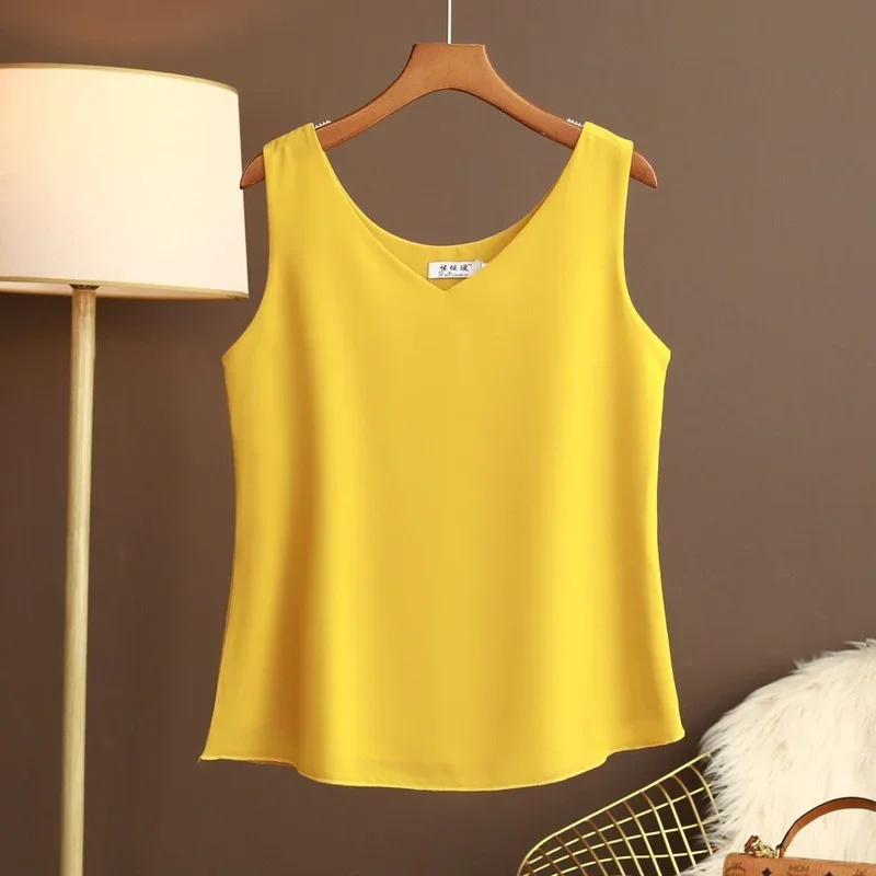 YUQI Summer Chiffon Blouse Shirt for Women Fashion Sleeveless V Neck Casual Thin Vest All-match Tops Korean Style 11 Colors