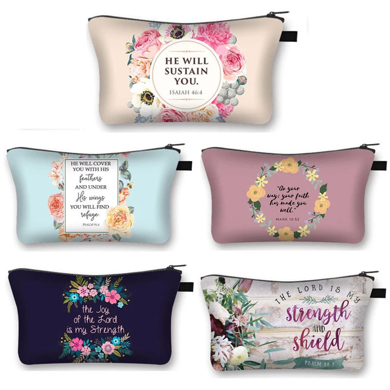 Christian Bible Verses Print Cosmetic Case He Will Sustain You Women Makeup Bags Zipper Pouch Ladies Toiletries Bag