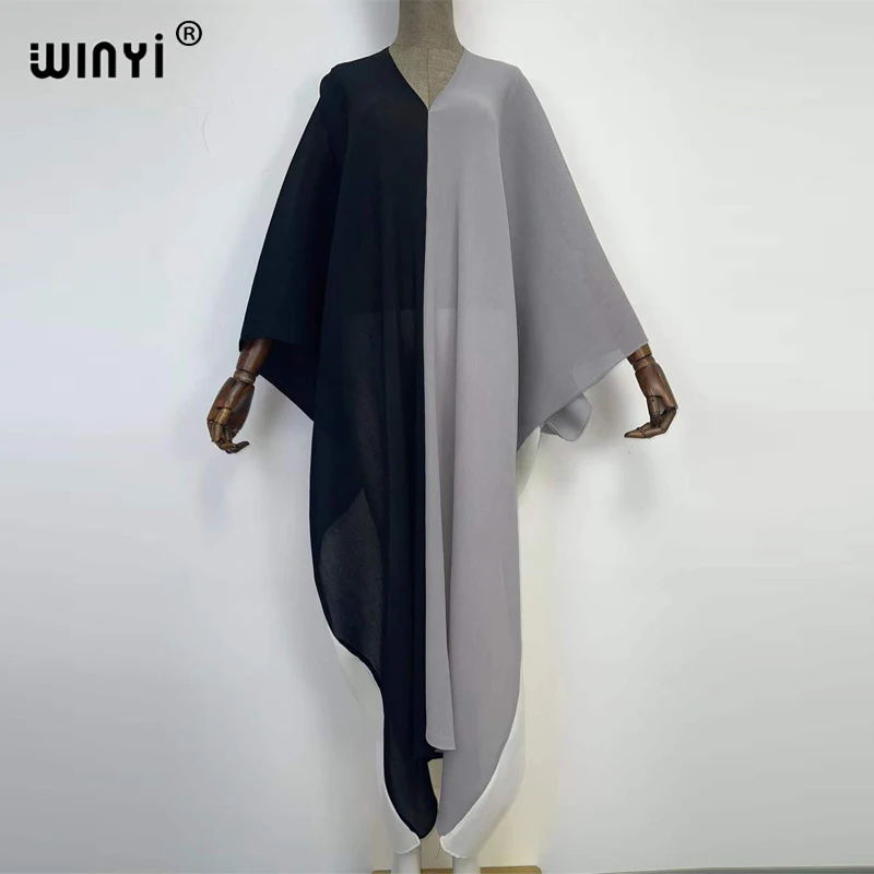 2022WINYI V-neck elegant Women Long robe Beach Cover Up Swimwear pleated kaftan Middle East Female assorted colors Holiday dress