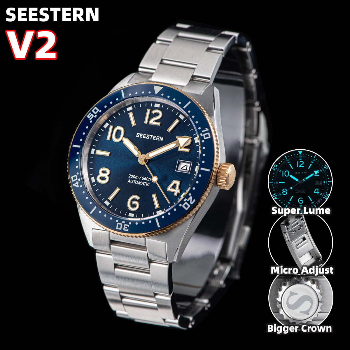 

SEESTERN S434 Diving Watch of Men NH35 Automatic Movement 200M Waterproof Mechanical Wristwatches Luminous Sapphire Skeleton V2