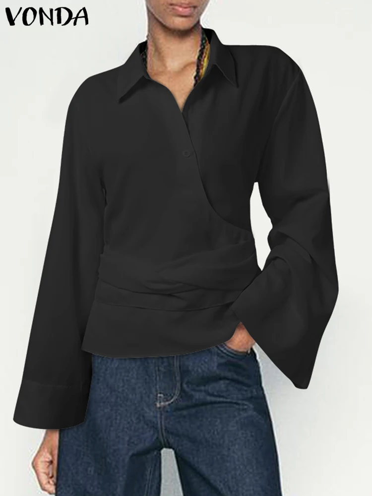 

VONDA Fashion Women Shirts 2025 Autumn Long Sleeve Elegant Office Lady Tops Solid Blouses Casual Bandage Lapel Collar Shirts