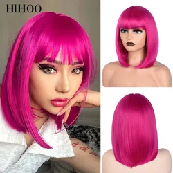 Short Straight Bob Wig for Women Synthetic Wigs Brown to Blonde Ombre Natural Fake Hair Heatresistant Wig Pink Wig With Bangs