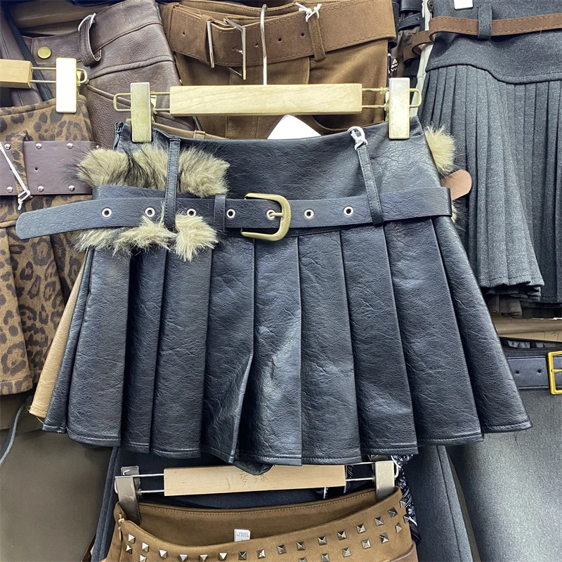 

American style high street retro pleated half skirt for women autumn winter waist cincined PU leather A-line short skirt