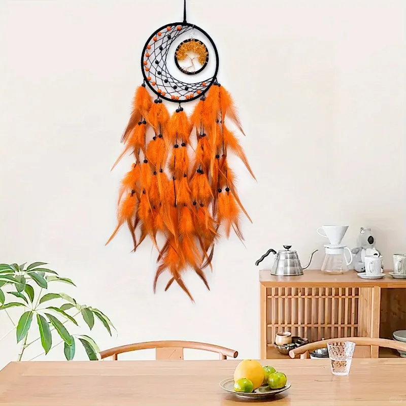 1pcs Polychrome Feather Pendants, Handmade Woven Life Tree Dream Catcher Wall Decorations, Room Decoration Crafts