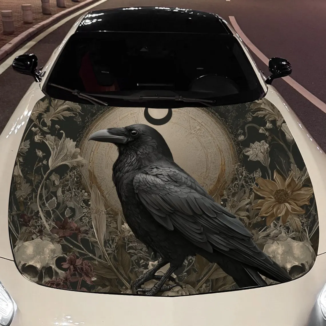 Car Decals Black Raven on Vintage Floral - Patterned Background Car Hood Sticker, Waterproof Self - Adhesive Vinyl Graphics Deca