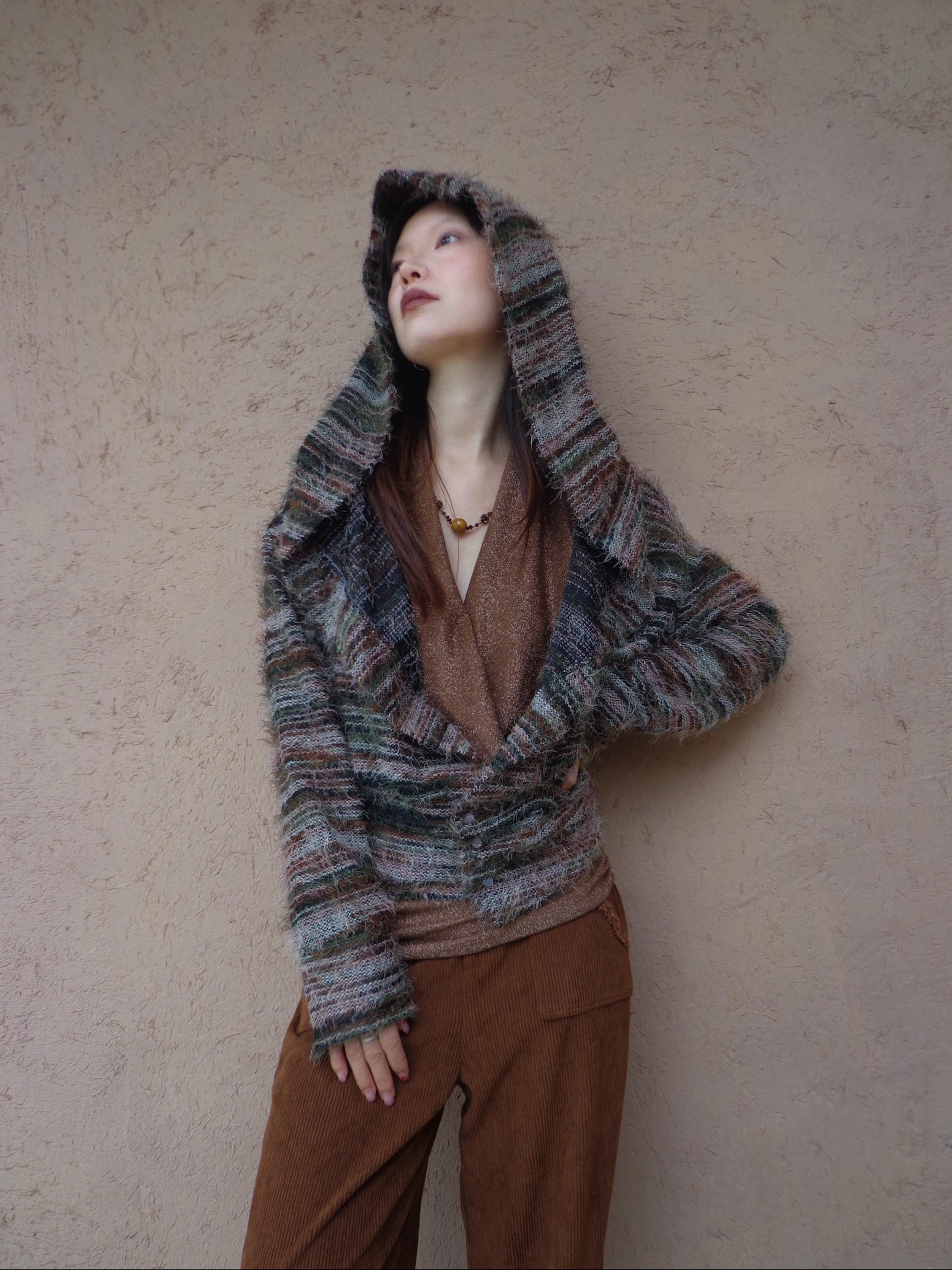 

Street Sle Knitted Soft Loose Long Sve Hoodie Waist Cinched Striped Lazy Top for Women Autumn Winter Warm Thiened Poly...