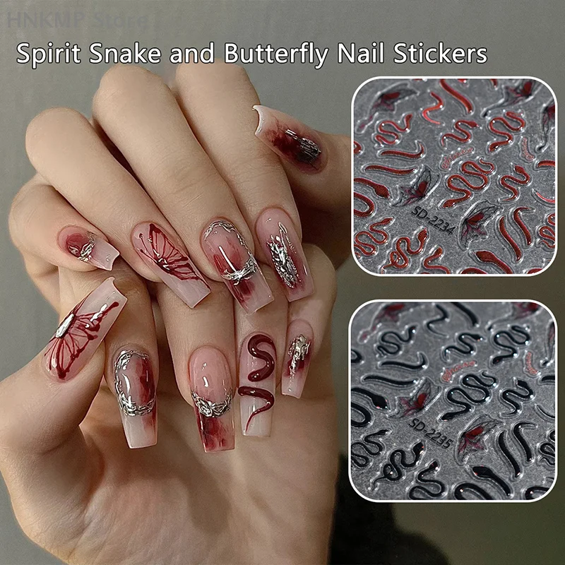 Spirit Snake And Butterfly Three-dimensional Relief Jelly Snake Withered Leaves Butterfly Dark Nail Stickers DIY Decoration ﻿