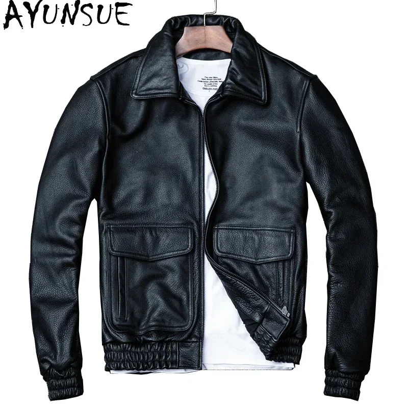 AYUNSUE Genuine Leather Bomber Jacket New Autumn Mens Clothing Cowhide Short Coats Black Jackets Size S-5XL Cazadoras Hombre