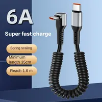 66W 90 Degree Spring USB Type C Mobile Phone Cable 6A Fast Charging Type-C Cord for Samsung Xiaomi Game Car Phone Charging Cable