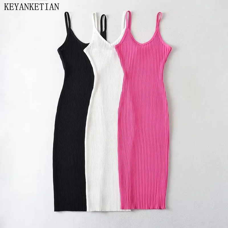 

KEYANKETIAN Autumn New Women's Knit Backless Slip Dress Fashion Sexy V-Neck Sleeveless Spaghetti Straps Kinny MIDI Dress Xshape