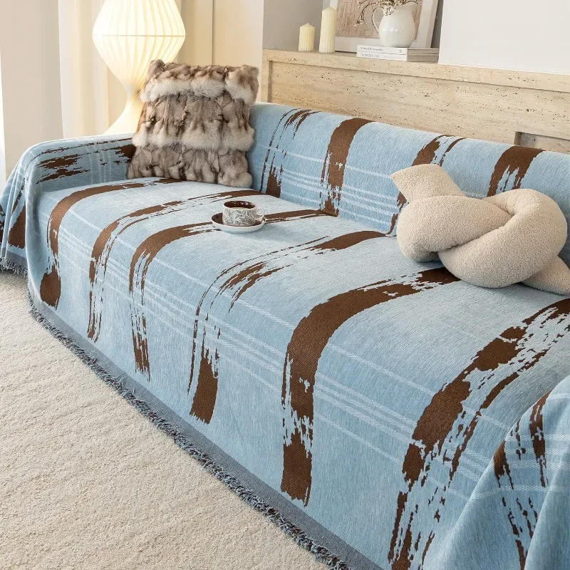 Light Luxury Premium Blue Striped Sofa Towel Sofa Cover Full Coverage Thicken Prevent Cat Scratching Dustproof Couch Cushion