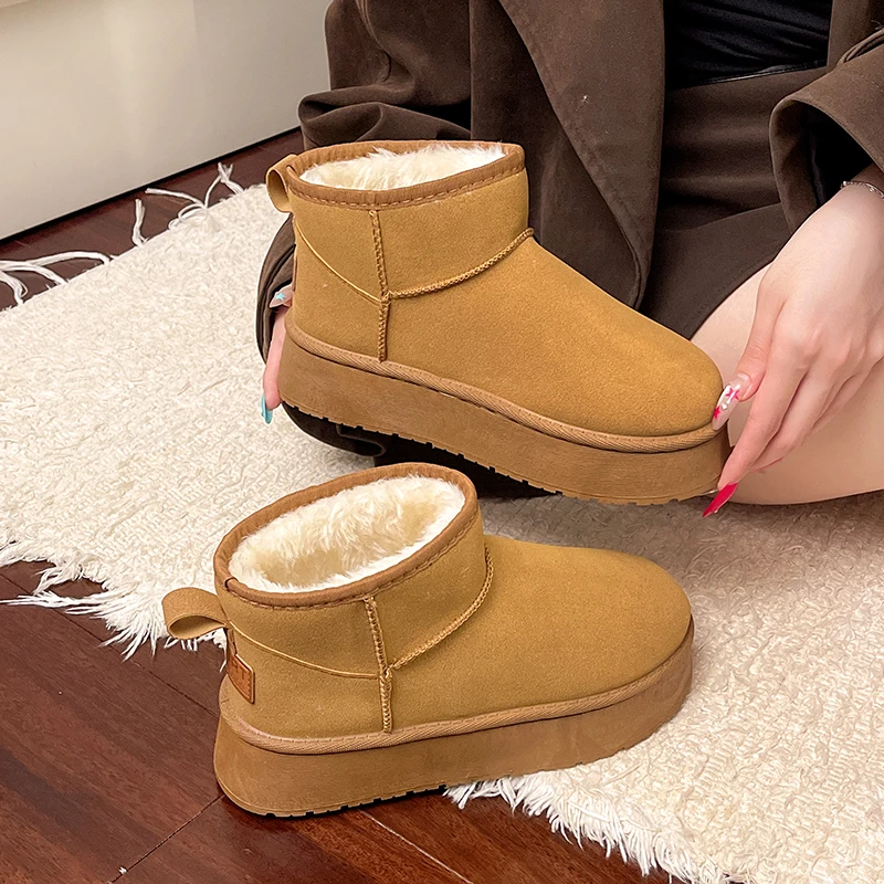 Winter Damen Kurze Plüsch Warme Schneestiefel Freizeitschuhe Neue Wildleder Pelz Chelsea Stiefeletten Flache Plateau Damenstiefel – Detail 8
