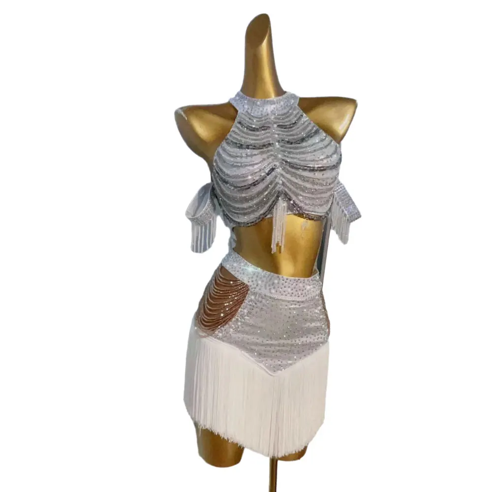 زي الرقص اللاتيني حجر الراين المرأة الراقية مخصص كريستال مطرز الصدرية سبليت أداء السامبا فستان فلاش عالي