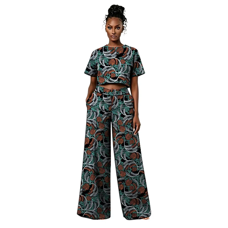 Summer Design African Couture Vintage Style Women's Mini Tops+Wide Leg Pants Lady's Ankara Outfits Festival Attire Customized