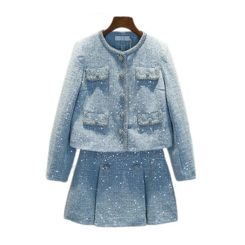 Diamonds Beaded Blue Woolen Woven Tweed Sequin Two Piece Sets Women Autumn Winter Long Sleeve Jackets Coats Short Skirts Outfits