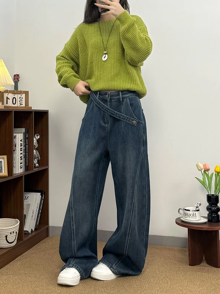 Calça jeans feminina de perna larga da moda americana de inverno com design de zíper inclinado