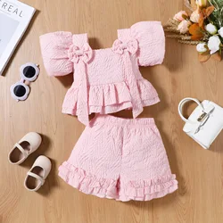 Kids Girls Clothes Set Ruffle Short Sleeve 2 PCS Set Textured Top + Frill Shorts Summer Party Gown Suit  For 2 3 4 5 6 7 8