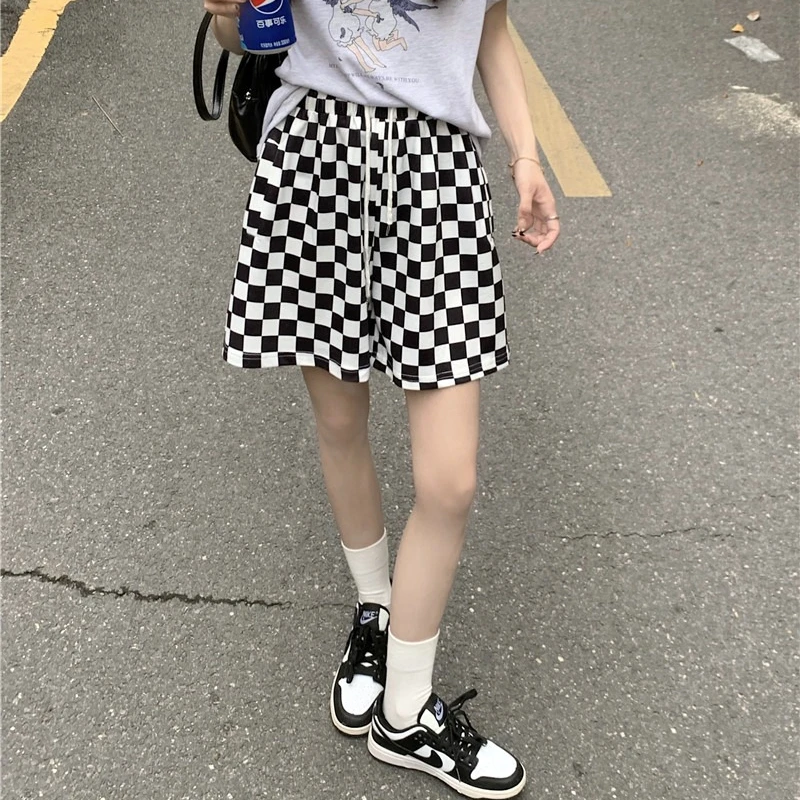 Plaid Shorts Women Korean Style Casual Daily High Waist A-line Versatile Fashion Thin Drawstring Straight Leg Short Pants Female