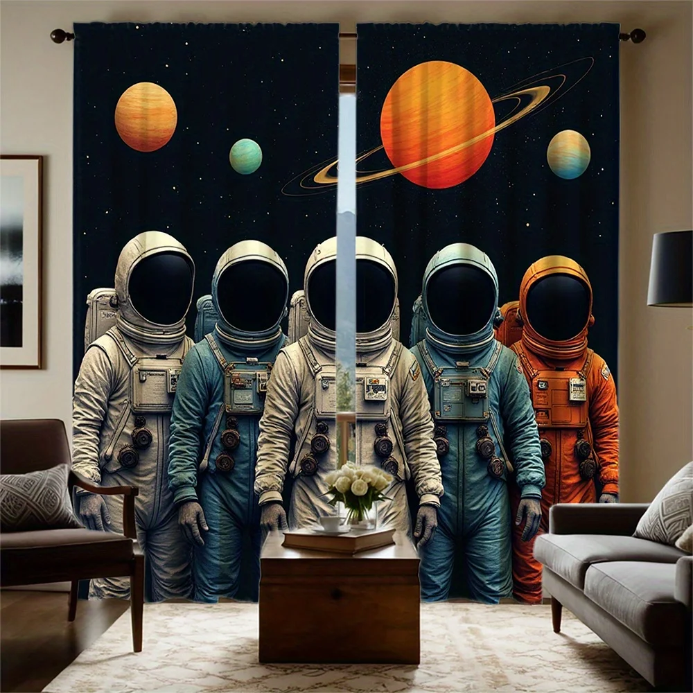[ Is Enabled] 2pcs High-Definition Digital Curtain Printing Cosmic Starry Sky Series Five People in Space Suits Stand Together B