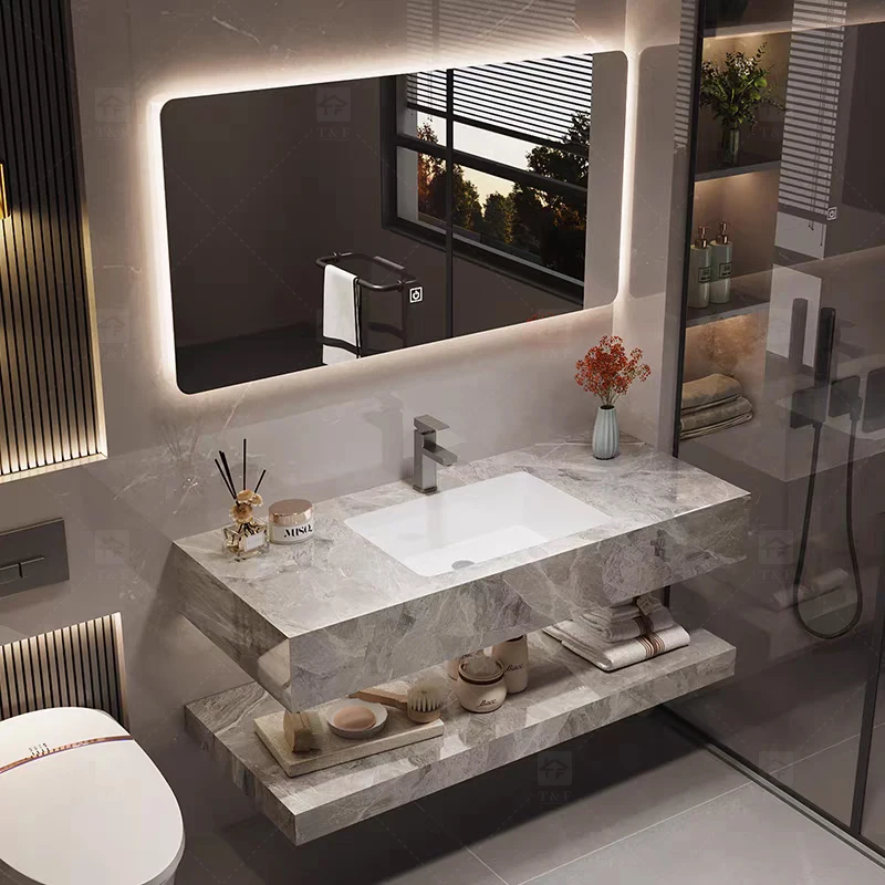 Custom Factory Supply Modern Hotel Marble Sintered Stone Basin Sink Wood Cabinet Smart LED Mirror Bathroom Vanity