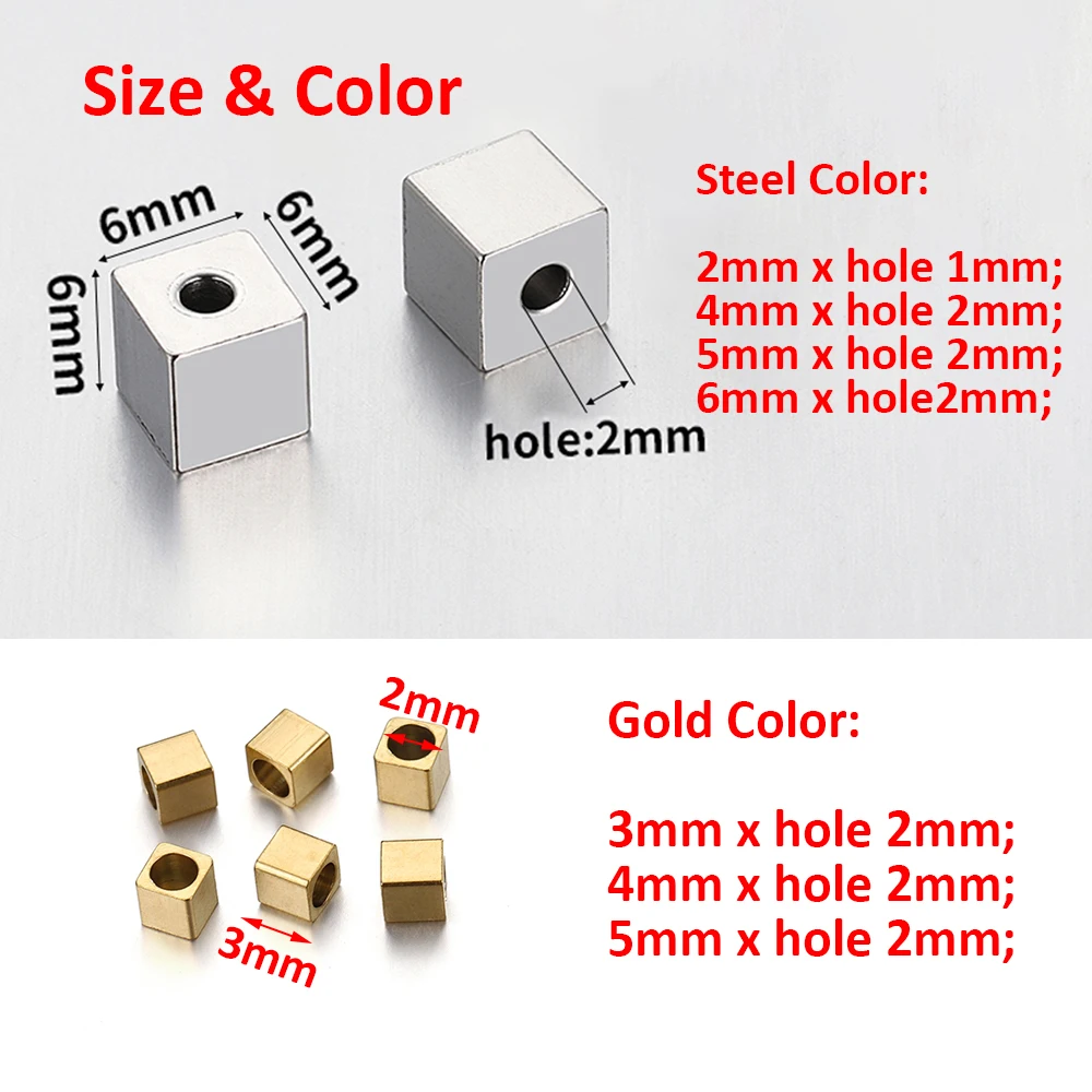 20pcs 2 3 4 5mm Stainless Steel Square Cube Bead Hole 1mm 2mm Spacer Loose Beads DIY Needlework Bracelet Necklace Jewelry Making