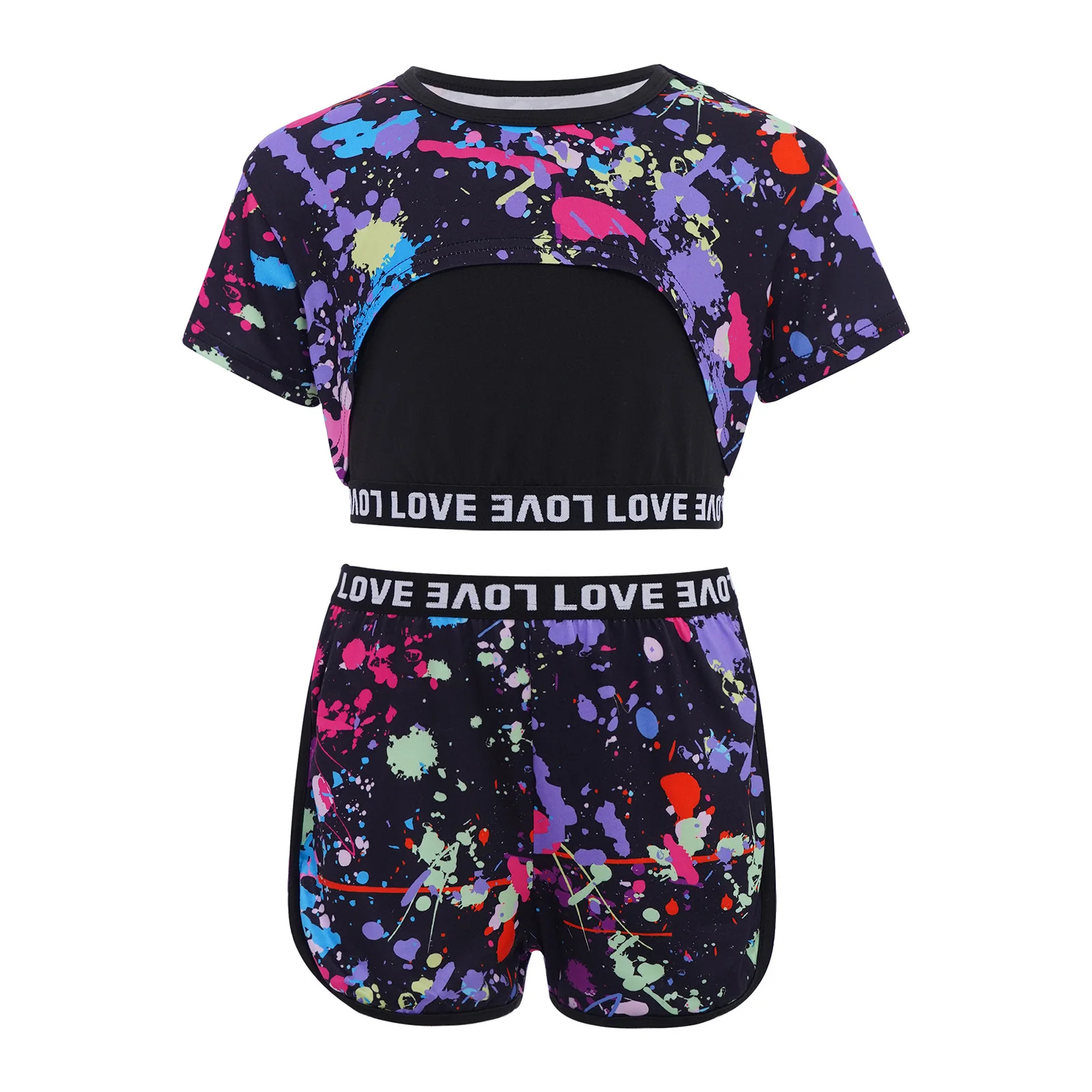 

3Pcs Kids Girls Sports Outfit Summer Short Sleeve Graffiti Printed Asymmetrical Hem Crop Top+Camisole+Shorts Swimming Beachwear