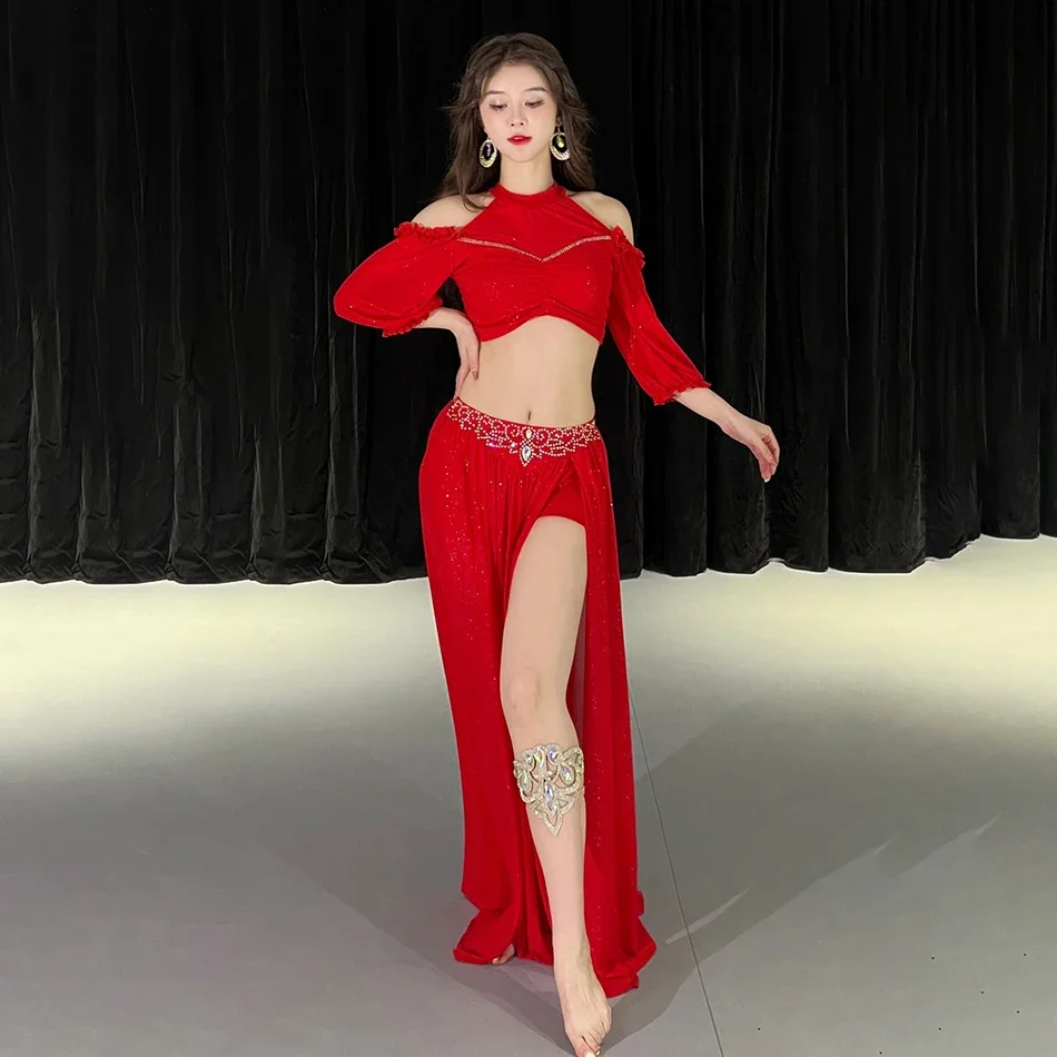 for Women 2 Pieces Set Belly Dance Costume Top + Skirt Mesh Stage Performance Practice Clothes Dance Outfit Clothings Suit