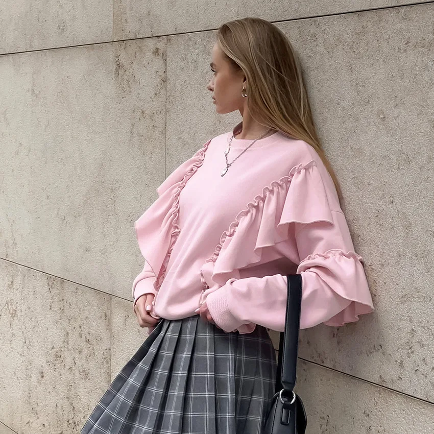 Multilayer Ruffles Round Neck Long Sleeve Sweatshirt 2024 Autumn Winter Pink Long Sleeve Patchwork Pullover Loose Women Top