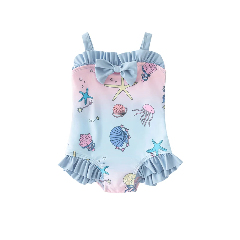 2-9Y Summer Vocation Girls One Piece Swimming Wear For Kids Swimsuit Shell Ocean Star Pattern Jumpsuit Baby Back Strap Swimwear