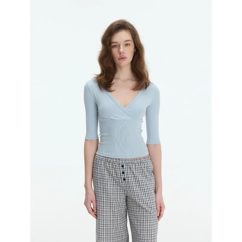Women's Cross Wrap V Neck Ribbed Half Sleeve T Shirt Slim Fit Stretch Cropped Solid Casual Top Multiple Colors