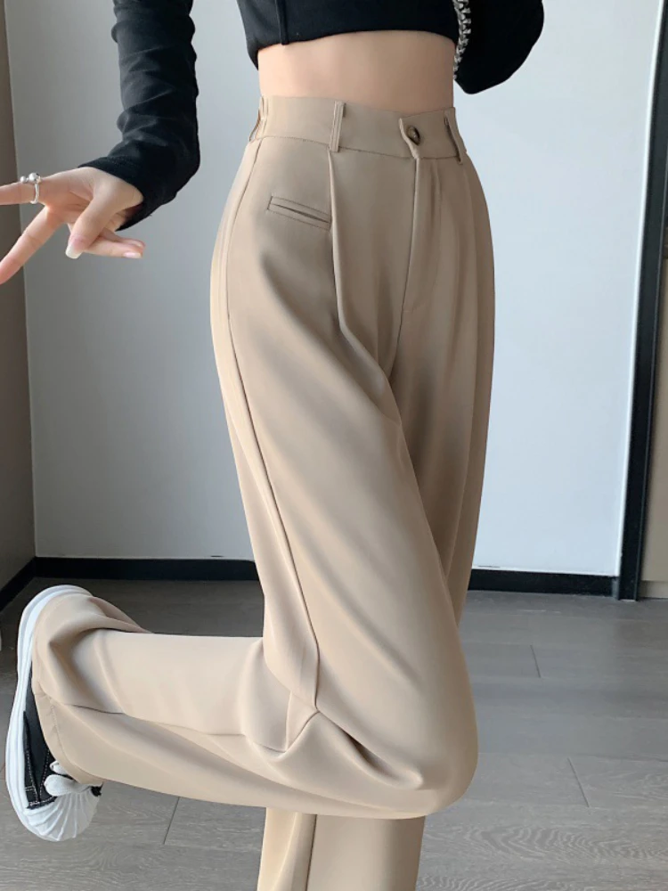 

Korean Fashion Office Lady Straight Pants Women Retro High Waist Zipper Trousers Female Casual Black Korean Wide Leg Suit Pants