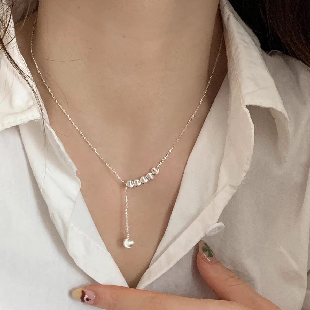 Korean Silver Color Cat's Eye Stone Brushed Round Bead Necklaces For Women Simple Long Tassel Adjustable Necklace 2026 New Trend