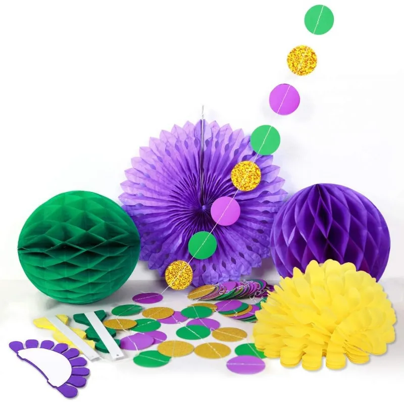 Mardi Gras Gold Purple Green Glitter Circle Garland Hanging Paper Fan Tissue Pompoms for Fat Tuesday Mardi Gras Party Decoration image 4