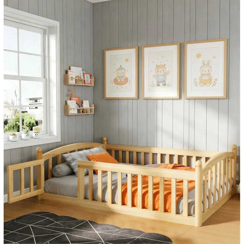 

Twin Size Solid Wood Bed with Safety Guardrail, Door, and Slats, Easy Assembly for Kids, Natural Finish