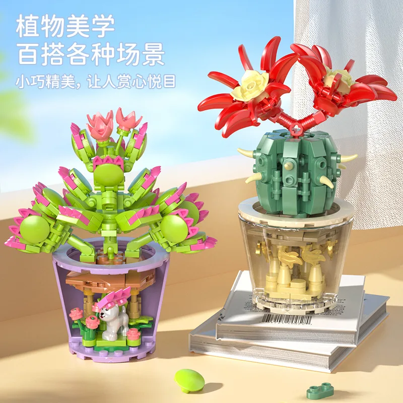 

3D Succulent Flower Building Block Set Toys Artificial Blossom Bonsai Plant Potted Building Set Assembly Brick Valentine's Gift