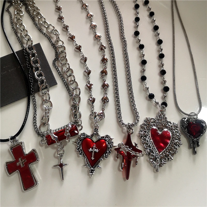 Gothic Red Cross Star Heart Pendent Necklace For Women Men Hip Hop Street Vintage Y2K Grunge Punk Y2K Aesthetic Jewelry Gifts